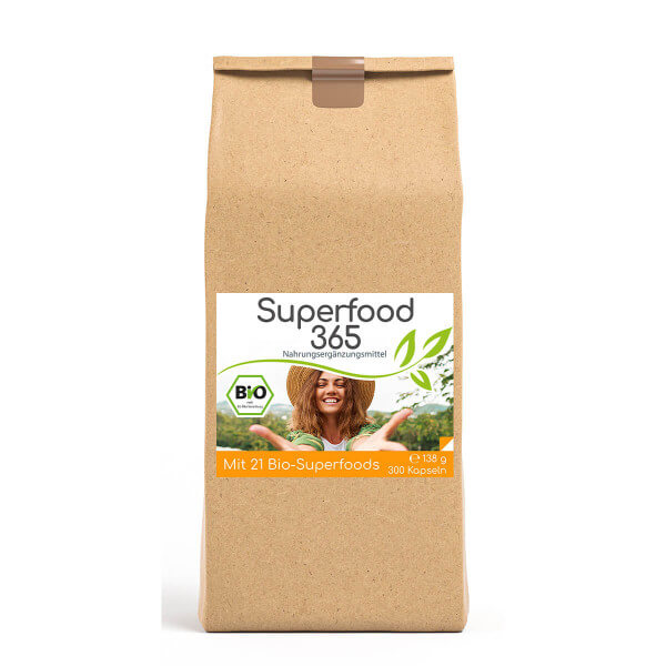 Superfood 365 Bio "Neue Rezeptur" - mit 21 Bio-Superfoods 300 Kapseln Vorratsbeutel